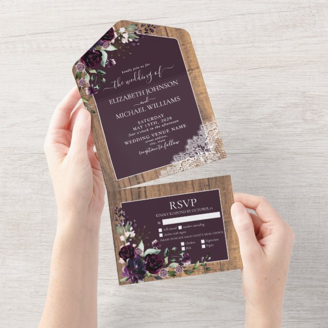 Elegant Plum Purple Rustic Wood Lace Wedding All In One Invitation (Tearaway)