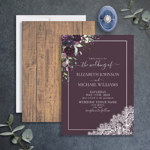 Elegant Plum Purple Rustic Wood Script Wedding Invitation