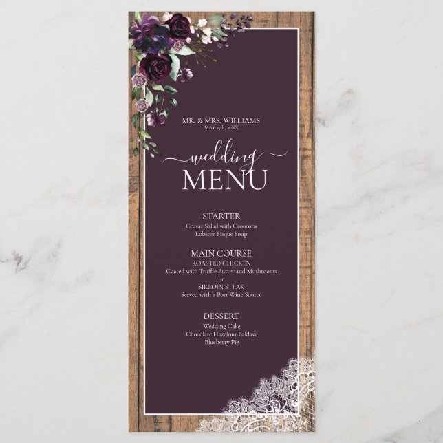 Elegant Plum Purple Rustic Wood Script Wedding Menu (Front)