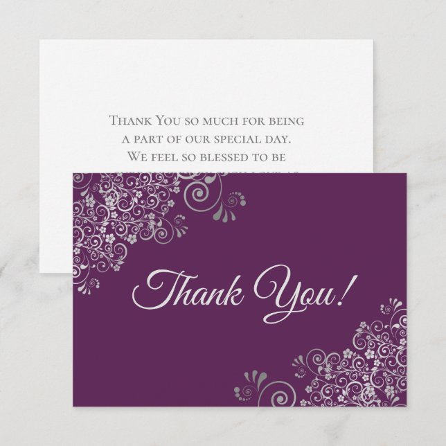 Elegant Plum Purple & Silver Curls Simple Wedding Thank You Card (Front/Back)