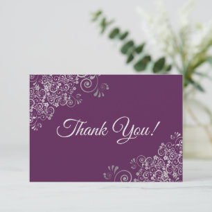 Elegant Plum Purple & Silver Curls Simple Wedding Thank You Card