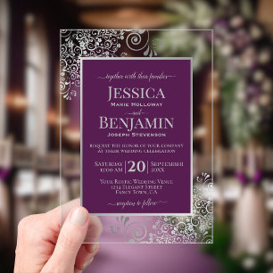 Elegant Plum Purple & Silver Stylish Text Wedding Acrylic Invitations