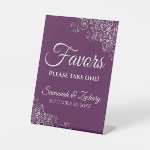 Elegant Plum Purple & Silver Wedding Favors Pedestal Sign