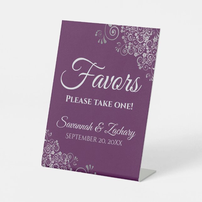 Elegant Plum Purple & Silver Wedding Favors  Pedestal Sign (Front)
