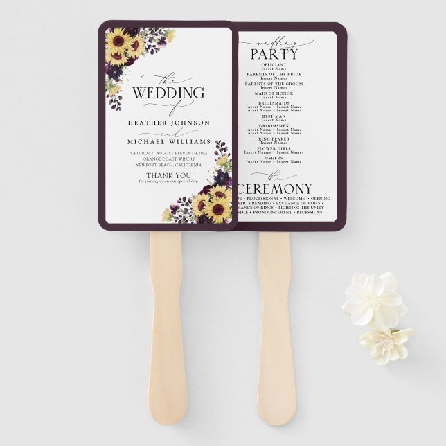 Elegant Plum Purple Sunflower Watercolor Program Hand Fan (Front and Back)