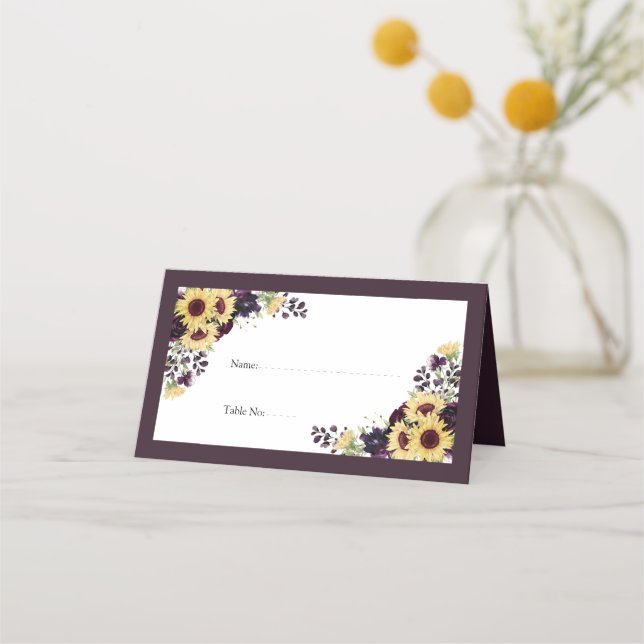 Elegant Plum Purple Sunflower Watercolor Reception Place Card (Front)