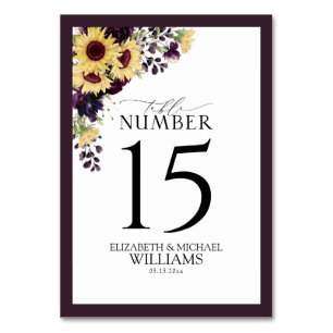 Elegant Plum Purple Sunflower Watercolor Reception Table Number