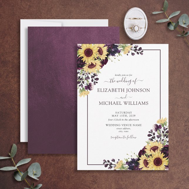 Elegant Plum Purple Sunflower Watercolor Wedding Invitation (Creator Uploaded)