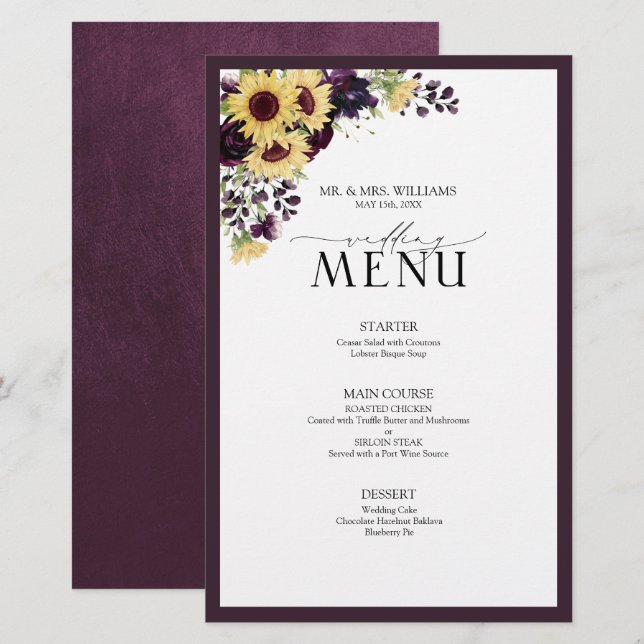 Elegant Plum Purple Sunflower Wedding Menu (Front/Back)