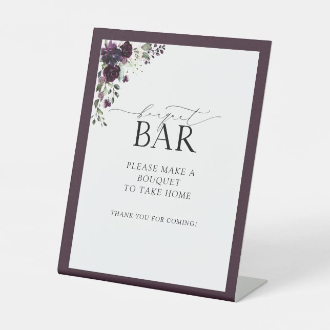 Elegant Plum Purple Watercolor Shower Bouquet Bar Pedestal Sign (Front)