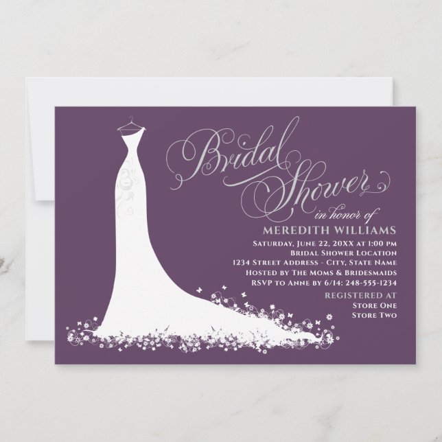 Elegant Plum Silver Wedding Gown Bridal Shower Invitation (Front)