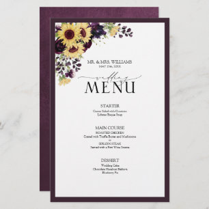 Élégant Plum violet Sunflower Menu Mariage