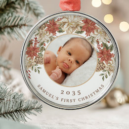 Elegant Poinsettia Baby's First Christmas Photo Metal Ornament