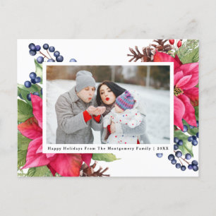 Elegant Poinsettia Berry Navy Personalized Photo Holiday Postcard