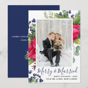 Elegant Poinsettia Blue Merry & Married Photo Holiday Card