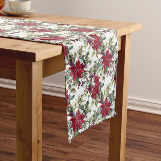 Elegant Poinsettia Bouquet Pattern Christmas Medium Table Runner (In Situ)