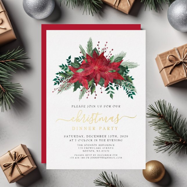 Elegant Poinsettia Christmas Dinner Party Gold (Elegant Poinsettia Christmas Dinner Party Gold Foil Invitation)