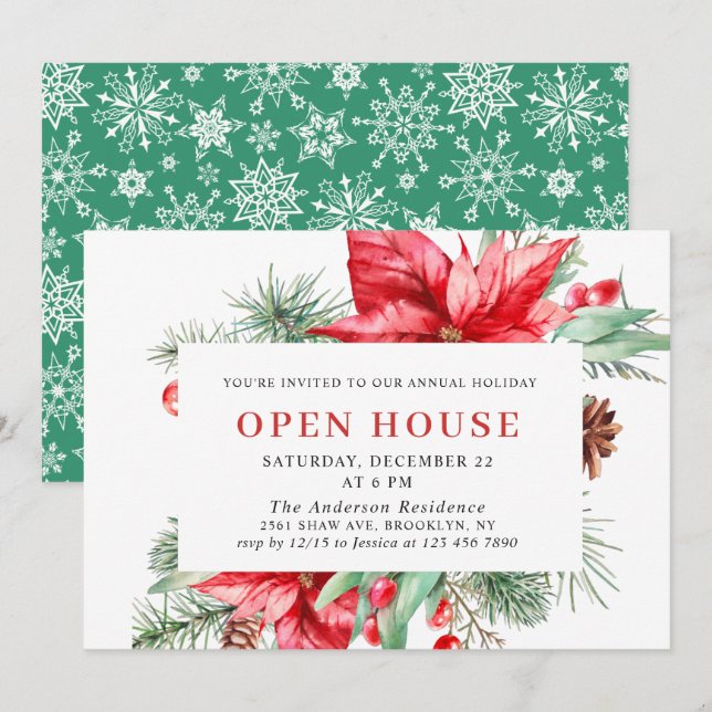 Elegant Poinsettia Christmas Holiday Open House In Invitation (Front/Back)