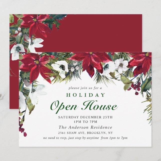 Elegant Poinsettia Christmas Holiday Open House Invitation (Front/Back)