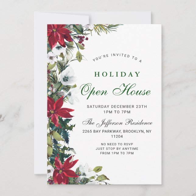 Elegant Poinsettia Christmas Holiday Open House Invitation (Front)