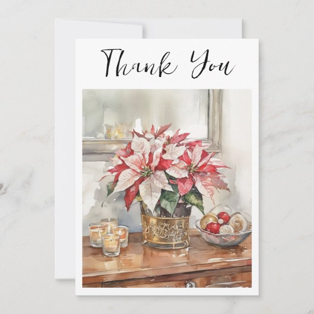 Elegant Poinsettia Christmas Present  Thank You Card (Front)
