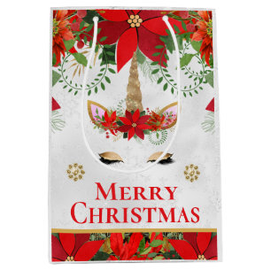 Elegant Poinsettia Christmas Unicorn Medium Gift Bag