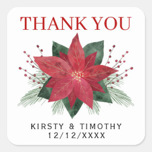 Elegant Poinsettia Christmas Wedding Thank You Square Sticker