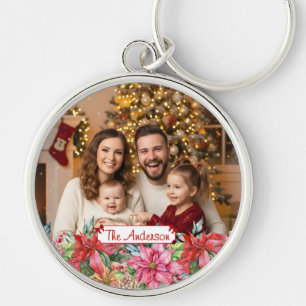 Elegant Poinsettia Floral Border Custom Photo Keychain