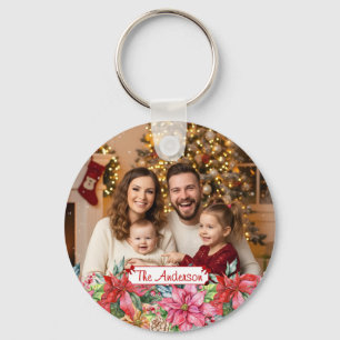 Elegant Poinsettia Floral Border Custom Photo Keychain