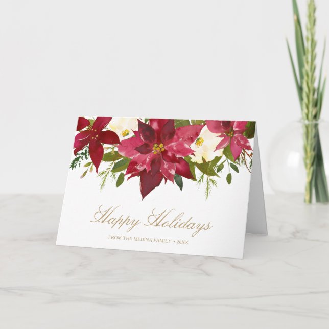 Elegant Poinsettia Gold Happy Holidays Christmas Holiday Card (Front)