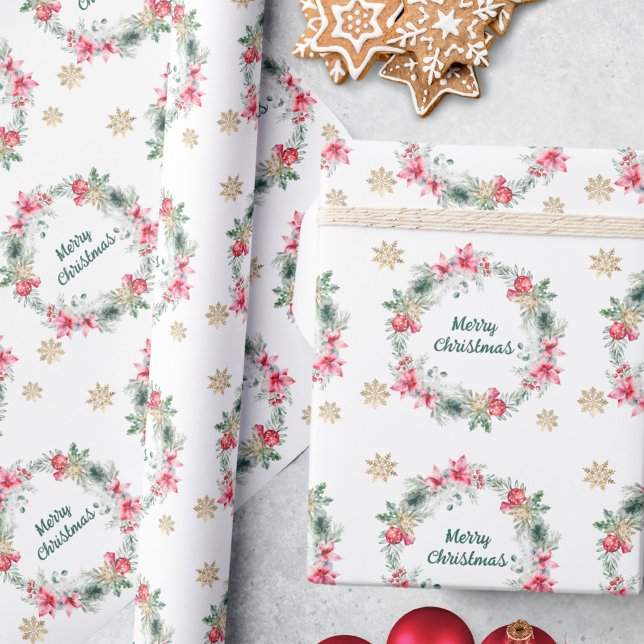 Elegant Poinsettia Gold Snowflake Christmas Wreath Wrapping Paper (Creator Uploaded)