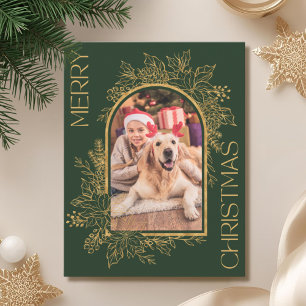 Elegant Poinsettia Green Photo Holiday Card