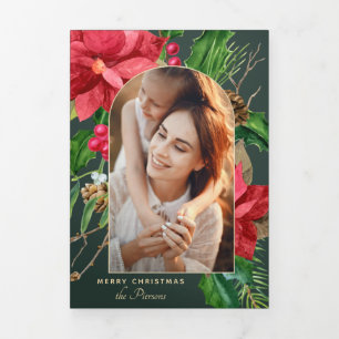 Elegant Poinsettia & Holly Arched Photo-Green BG Tri-Fold Card