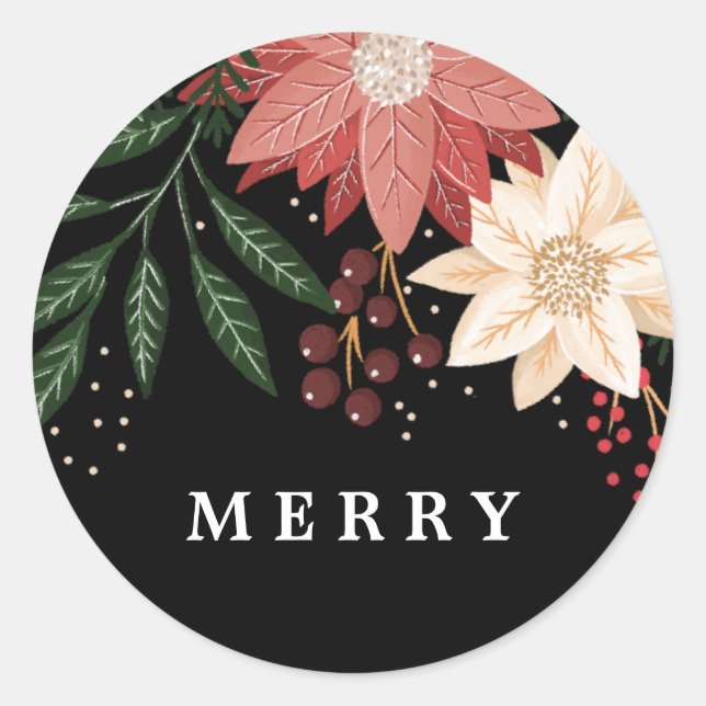 Elegant Poinsettia Merry Christmas Watercolor Classic Round Sticker (Front)