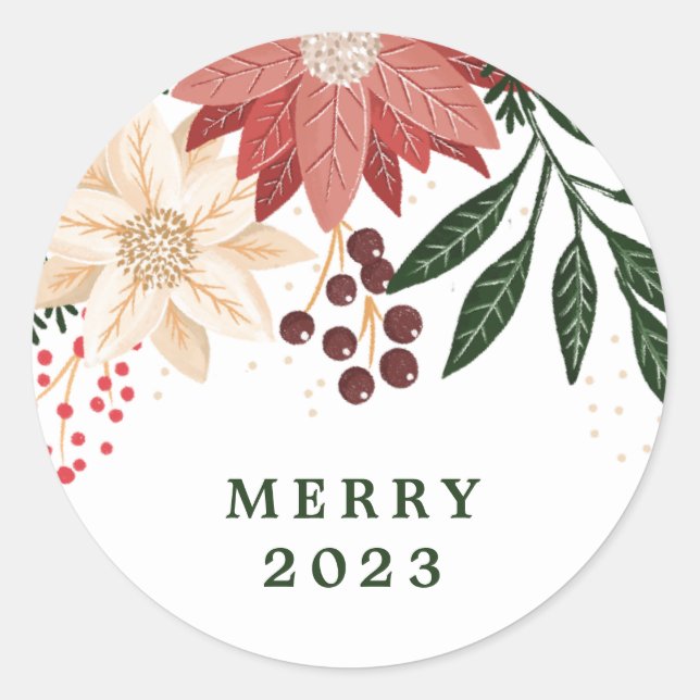 Elegant Poinsettia Merry Christmas Watercolor Classic Round Sticker (Front)