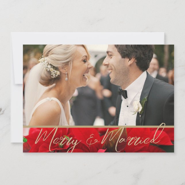 Elegant Poinsettia Merry & Married Photo Wedding  Thank You Card (Front)