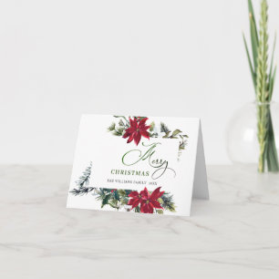 Elegant Poinsettia Mistletoe Christmas Greeting Holiday Card
