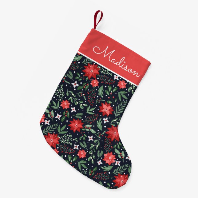 Elegant Poinsettia Pattern Personalized Small Christmas Stocking (Front (Hanging))