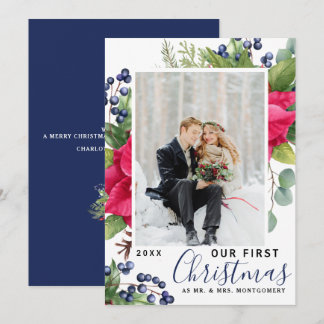 Elegant Poinsettia Photo Our First Christmas Blue Holiday Card