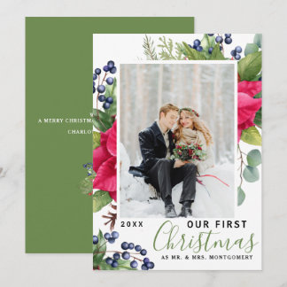 Elegant Poinsettia Photo Our First Christmas Green Holiday Card