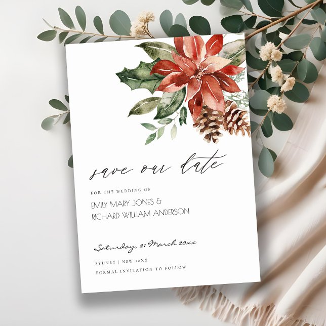 Elegant Poinsettia Pine Cone Save the Date Card (Creator Uploaded)