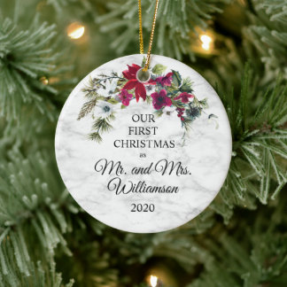 Elegant Poinsettia Pine First Christmas Married Ceramic Ornament