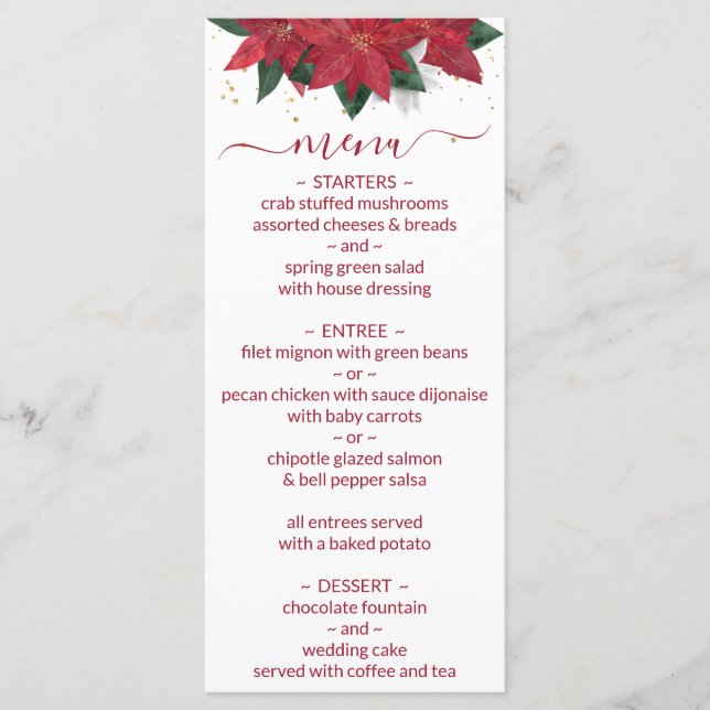 Elegant Poinsettia Red Christmas Wedding Menu (Front)