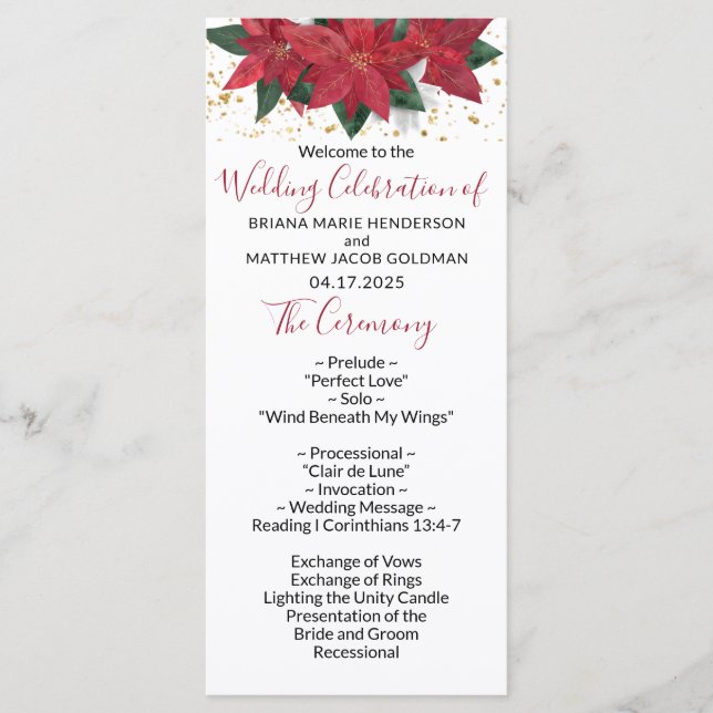 Elegant Poinsettia Red Christmas Wedding Program (Front)