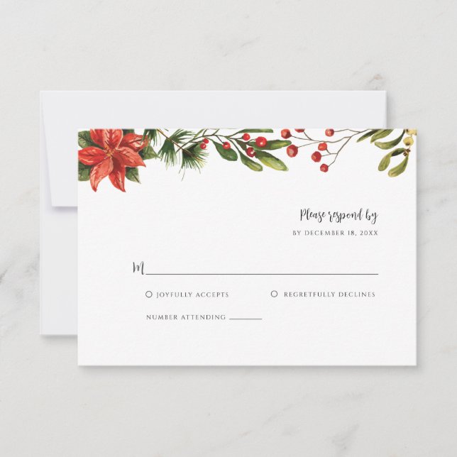 Elegant Poinsettia Red Greenery Wedding RSVP Card (Front)