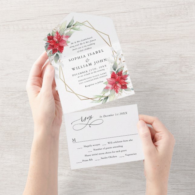 Elegant Poinsettia Winter Greenery Wedding All In One Invitation (Tearaway)