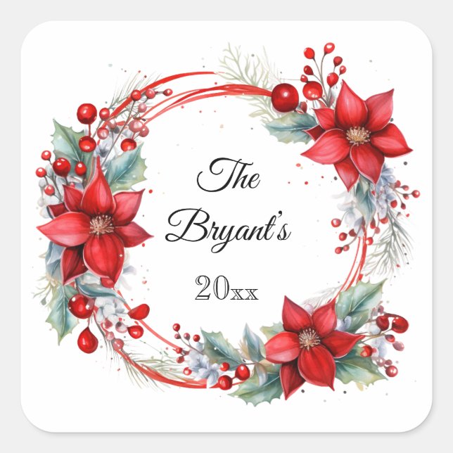 Elegant Poinsettia Wreath Personalized Square Sticker (Front)