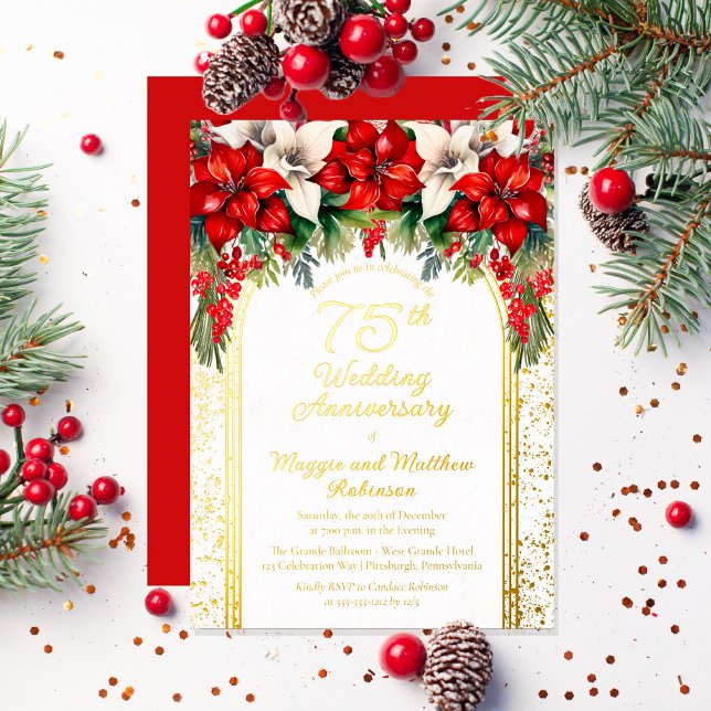 Elegant Poinsettias 75th Wedding Anniversary (Elegant Red and White Poinsettias Holiday "75th Wedding Anniversary" Party Gold Foil Invitation)