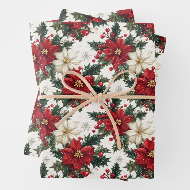 Elegant Poinsettias and Greenery Wrapping Paper Sheet (In situ)