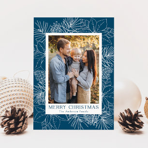 Elegant Poinsettias and Pinecones Blue Photo Holiday Card